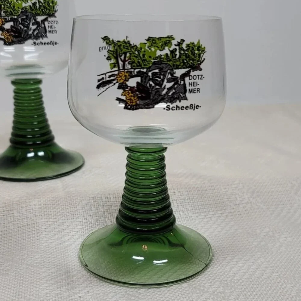 Vintage Volksmarch‎ Wine Glass DotzHeimer Scheessje, Green Stem Wine Glass 1990